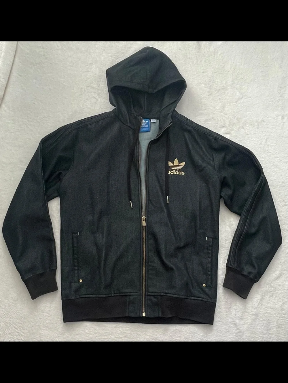 Adidas Black Denim Zip Hoodie ✦ Gold Trefoil ✦ Unisex Oversized L Y2K - Picture 2 of 7